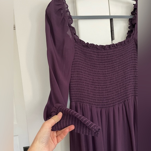 Reformation Rowan Smocked Crepe Long Sleeve Dress in Blackberry - Picture 2 of 7
